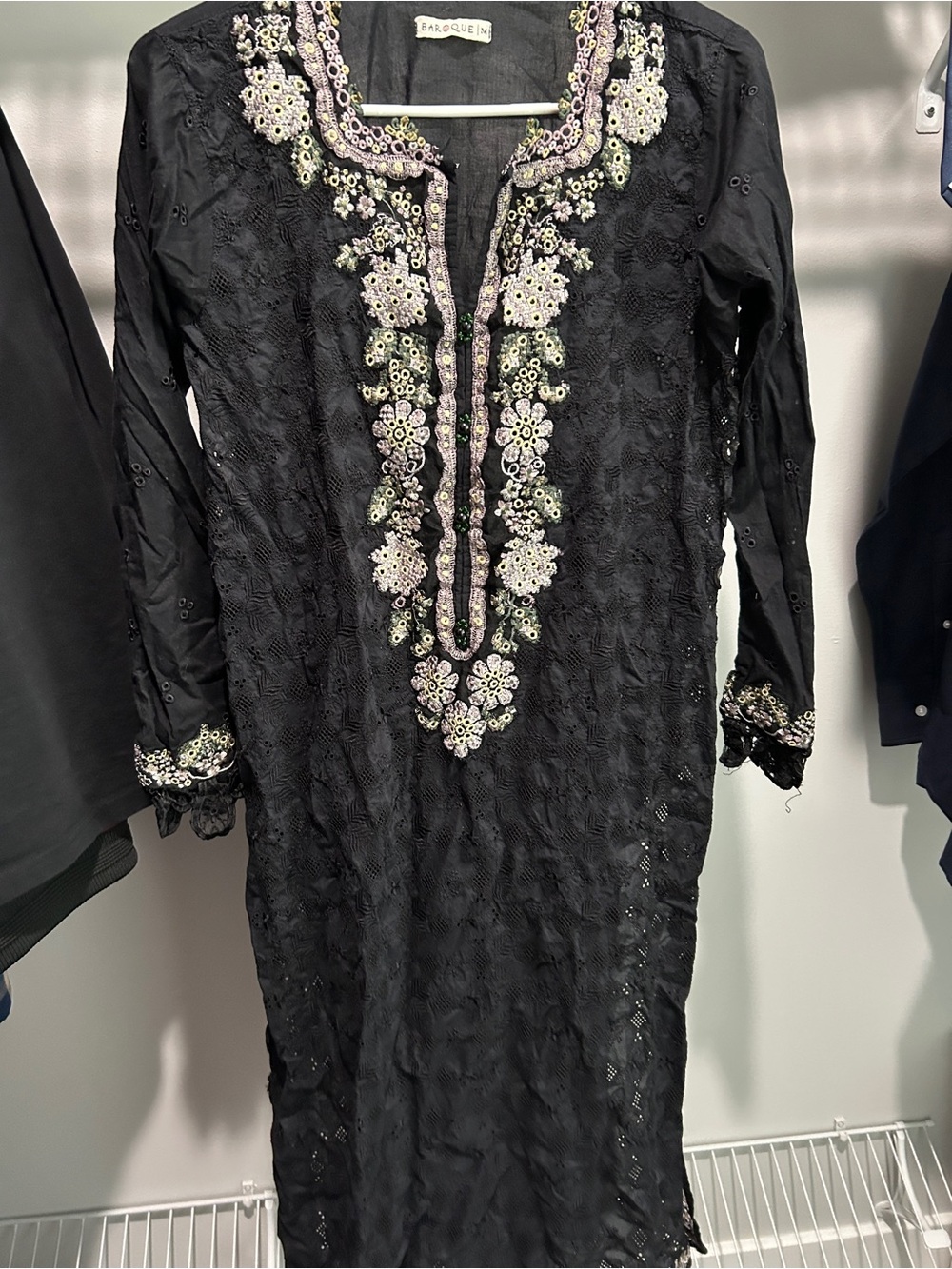 Black Embroidered V-Neck Tunic Dress